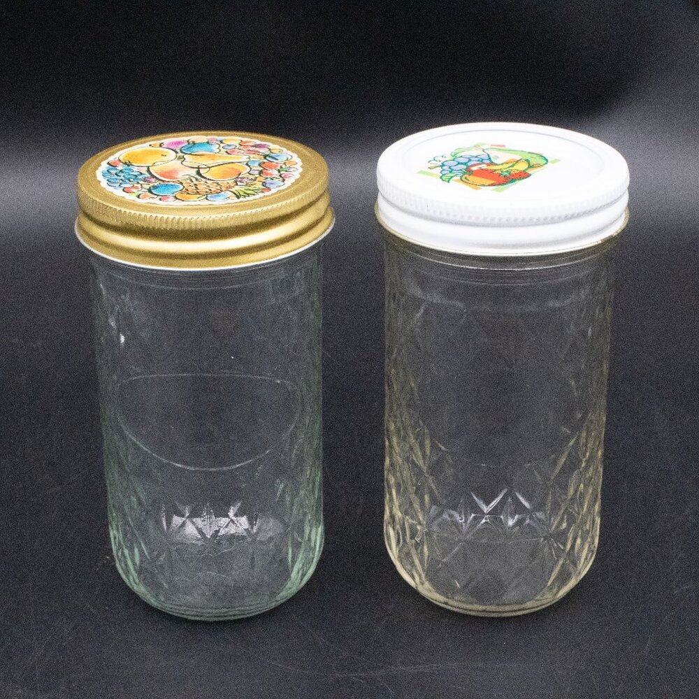 Vintage Lot of 2 Ball Quilted Crystal 12 oz Jelly Jars w/ Vintage Lids
